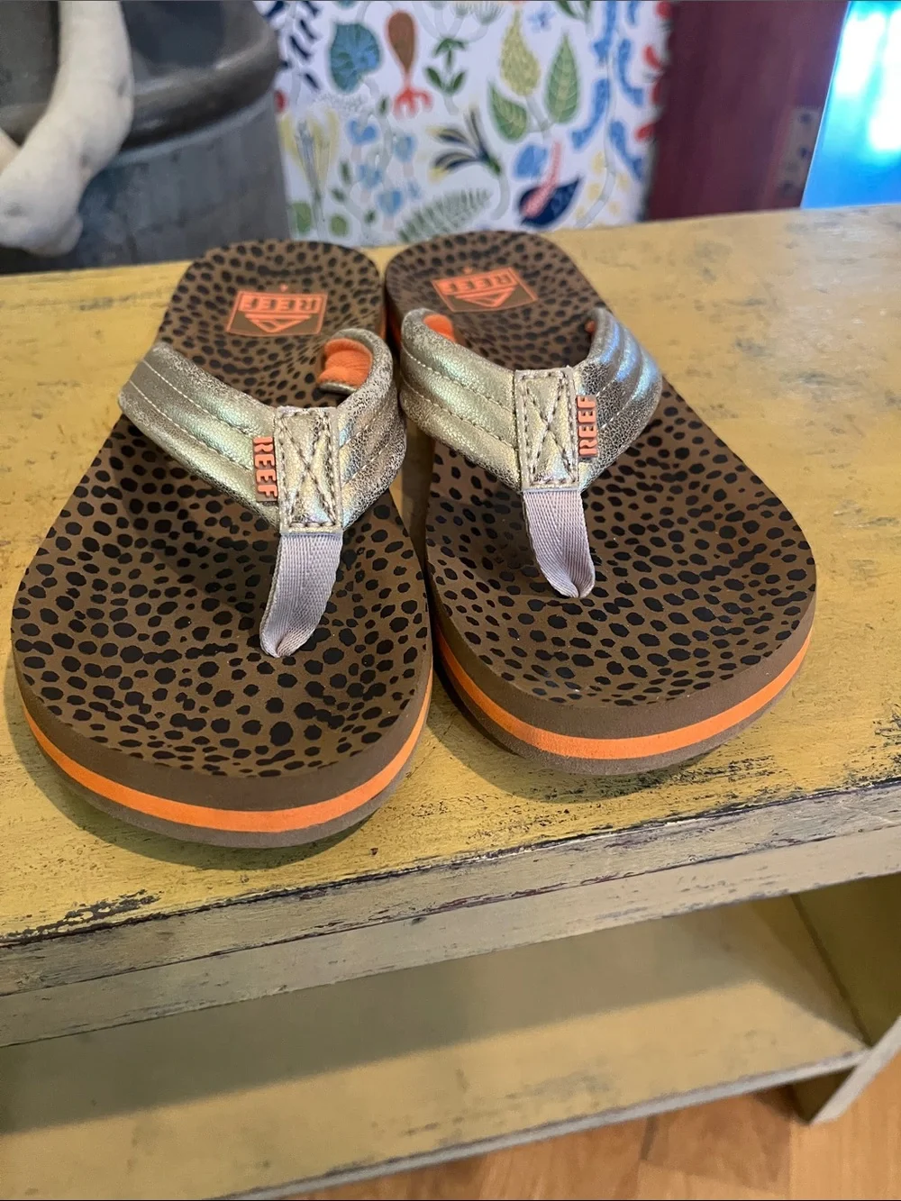 Reef Metallic Gold and Orange Leopard-Print Flip Flops